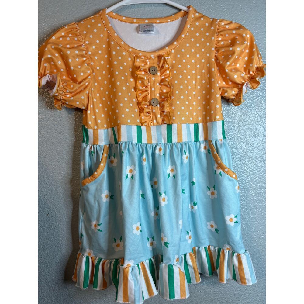 Dash of Glitter Golden & Teal Polka Dot Floral Ruffle Dress Girls Size 10